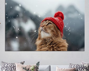 Snowfall Cat Canvas Print: Winter Animal Wall Art