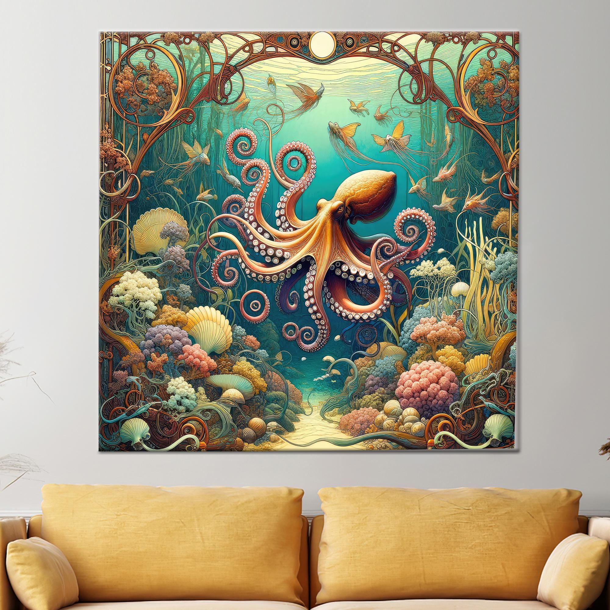 Octopus Art Canvas, Trendy Canvas Print, Underwater Wall Decor, Animal 3D Canvas, Wedding Gift For Couple Personalized,