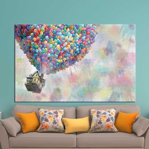 Arte en lienzo de la película Up, decoración de pared con globos aerostáticos, globos de la película Up, Carl Fredricksen, decoración con póster de arcoíris, decoración de lienzo colorido,