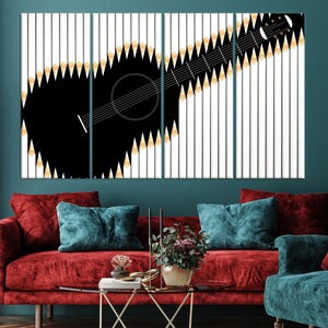 Gitarre und Bleistift Kunst, Instrument Leinwand Dekor, individuelle Wandkunst, personalisiertes Geschenk, moderne Leinwand Kunst, trendige Leinwandkunst, schwarz und weiß,