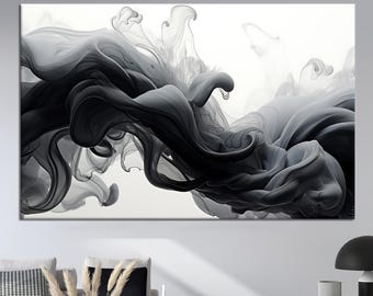 Arte abstracto de humo negro: Impresión moderna en lienzo con marco flotante