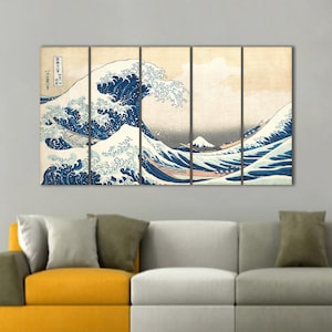May include: A multi-panel artwork depicting a famous Japanese woodblock print. The image shows a large, curling wave with boats and Mount Fuji in the background. The color palette includes shades of blue, white, and beige.