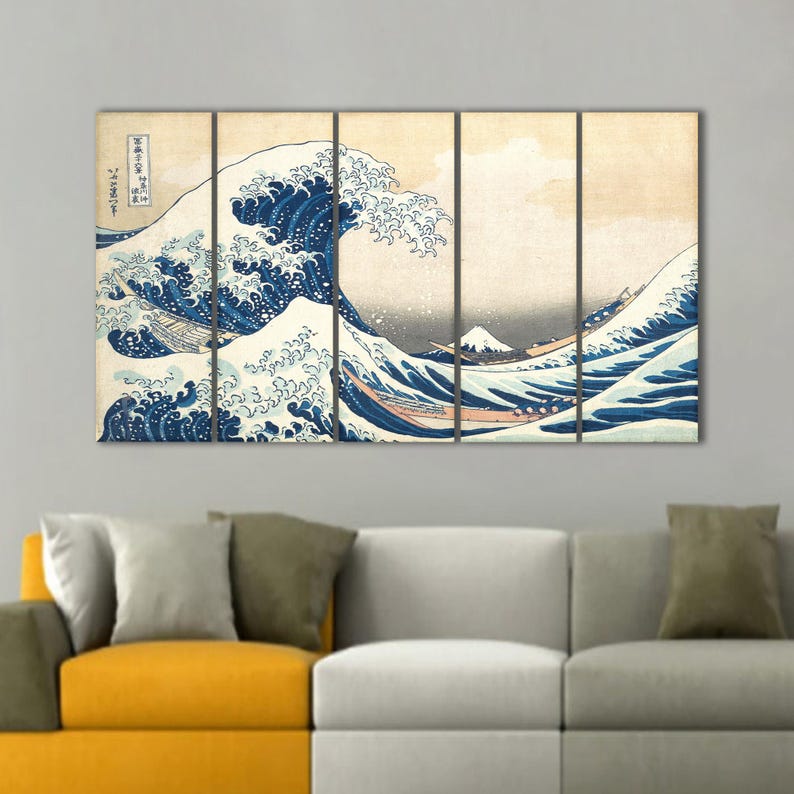 May include: A multi-panel artwork depicting a famous Japanese woodblock print. The image shows a large, curling wave with boats and Mount Fuji in the background. The color palette includes shades of blue, white, and beige.