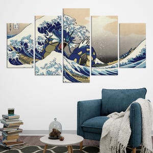 May include: A five-panel canvas print featuring a blue and green Pokemon character, resembling a sea monster, emerging from a large wave. The wave is depicted in a traditional Japanese style, similar to the famous "Great Wave off Kanagawa" woodblock print.