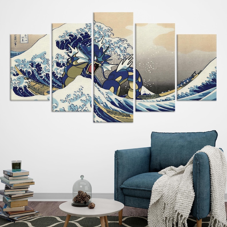 May include: A five-panel canvas print featuring a blue and green Pokemon character, resembling a sea monster, emerging from a large wave. The wave is depicted in a traditional Japanese style, similar to the famous "Great Wave off Kanagawa" woodblock print.