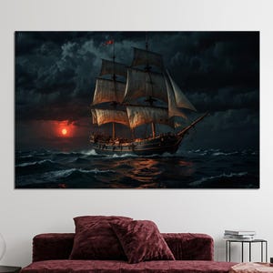Night Boat Canvas Art: 3D Landscape, Modern Wall Decor
