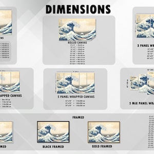 May include: Various canvas art options featuring the iconic "Great Wave off Kanagawa" artwork. Available in wrapped, rolled, and framed formats, including multi-panel designs. Sizes range from 8"x12" to 78"x39".