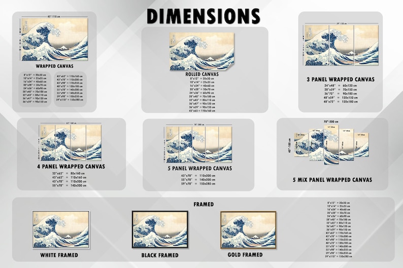 May include: Various canvas art options featuring the iconic "Great Wave off Kanagawa" artwork. Available in wrapped, rolled, and framed formats, including multi-panel designs. Sizes range from 8"x12" to 78"x39".