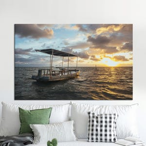 Seascape Canvas Art: Sunset Boat, Ocean Landscape