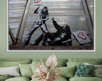 ラピュタ ｖｓ バンクシー アート 絵画 インテリア laputa banksy バンクシーの「ピース vs ラブ」グラフィティキャンバスアート：男の子