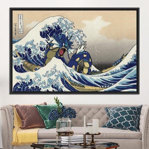 May include: A blue and yellow Pokemon, resembling a dragon, emerges from a large, crashing wave in a Japanese-style art print. The wave is depicted in shades of blue and white, with a background of light yellow and gray.