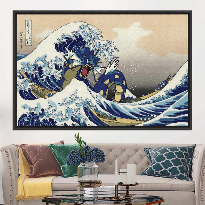 May include: A blue and yellow Pokemon, resembling a dragon, emerges from a large, crashing wave in a Japanese-style art print. The wave is depicted in shades of blue and white, with a background of light yellow and gray.