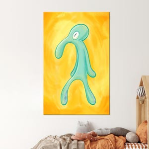May include: A digital illustration of a blue and green cartoon character with a long neck and a single eye. The character is standing on a yellow background.
