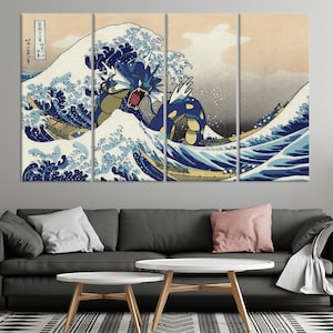 May include: A three-panel canvas print featuring a blue and green Pokemon character, resembling a dragon, emerging from a large blue wave. The wave is depicted in a traditional Japanese art style, similar to the Great Wave off Kanagawa.