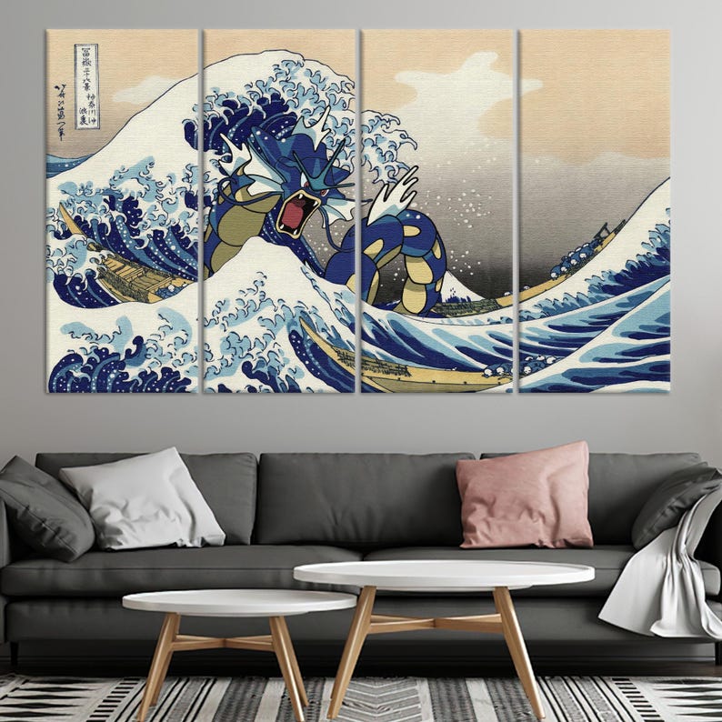 May include: A three-panel canvas print featuring a blue and green Pokemon character, resembling a dragon, emerging from a large blue wave. The wave is depicted in a traditional Japanese art style, similar to the Great Wave off Kanagawa.