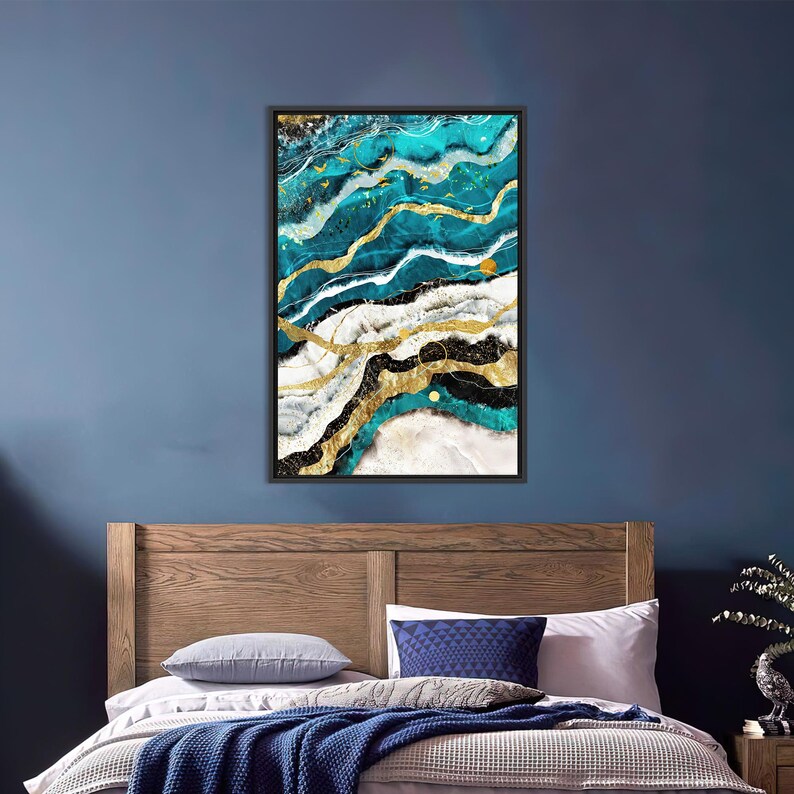 Shimmery Wall Decor, Modern Canvas Poster, Blue and Gold Marble Canvas