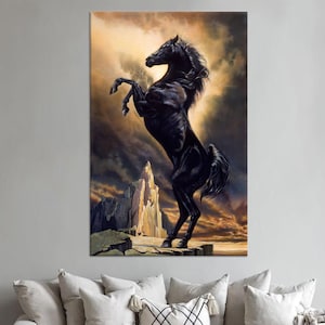 Schwarzes Pferd Poster, Dekoration, Pferd Poster, schwarzer Stallion Wandkunst, große Wanddekoration, Tier 3D Leinwand, Geschenk für das Zuhause,