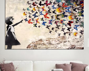 Butterfy Canvas, Butterfly Girl Art, Graffiti Poster, Banksy Girl with Butterfly Art Canvas, Canvas Wall Art, Bridesmaid Gifts,