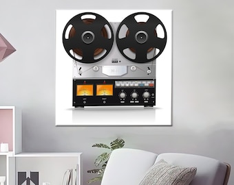 May include: A vintage reel-to-reel tape recorder with two large black spools and a silver control panel. The control panel has a series of knobs, buttons, and meters.