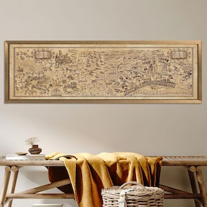 Muurkunst fantasietovenaarkaart – vintage canvas kasteel en dorp – posterafdruk magische wereld