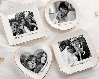 Personalisierte Foto-Schmuckschale, individuell gestaltete Ringschale, Hochzeitsgeschenk, Geschenkidee für die Brautjungfer, Keramik-Ringtablett für die beste Freundin