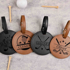 Support pour tés de golf en cuir gravé, étiquette de sac de golf personnalisée avec tés de golf, accessoires de golf personnalisés, cadeaux pour grand-père, cadeau d'anniversaire pour papa