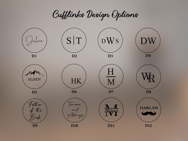 May include: Twelve different cufflink designs with black text on a white background. The designs include names, initials, mountains, and other symbols. The designs are labeled D1 through D12.