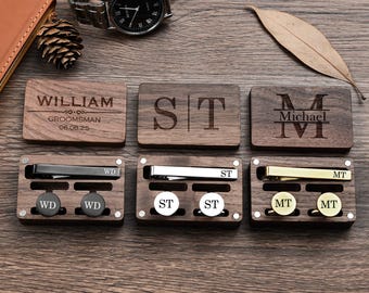 Personalized Groomsmen Cufflinks Tie Clip Set: Engraved Wooden Box