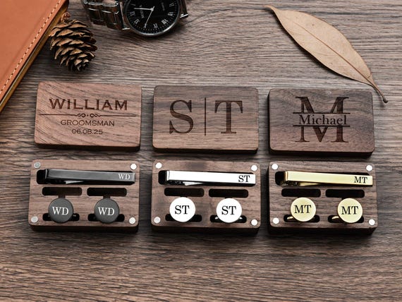 Personalized Groomsmen Cufflinks Tie Clip Set: Engraved Wooden Box