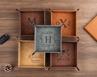 Monogrammed Leather Valet Tray: Engraved Catchall for Men, Personalized Gift for Groomsmen & Christmas