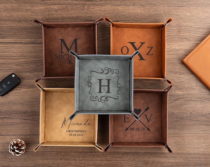 Monogrammed Leather Valet Tray: Engraved Catchall for Men, Personalized Gift for Groomsmen & Christmas