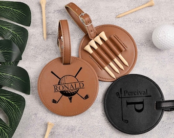 Personalized Leather Golf Bag Tag with Tees: Engraved Golf Gift