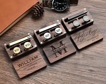 Personalized Groomsmen Cufflinks & Tie Clip Set with Wooden Box