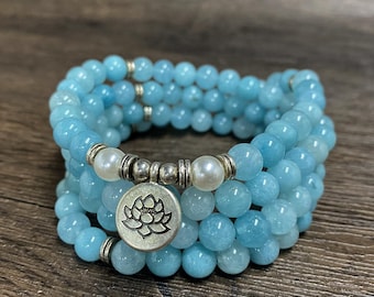 Blue Jasper Mala Bracelet Necklace: 108 Bead Meditation Bracelet
