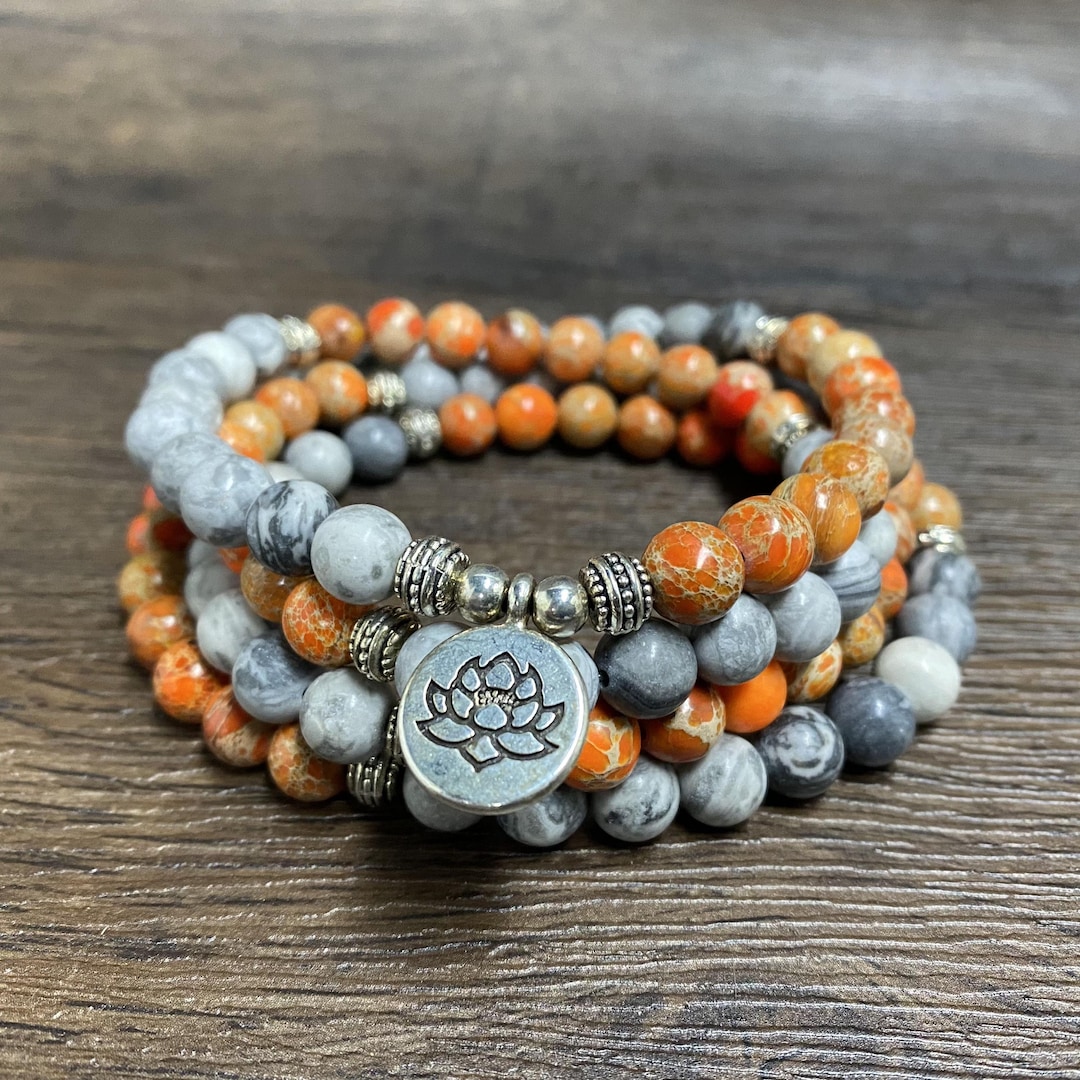 108 Mala Bead Bracelet Necklace: Jasper Stone, Lotus Charm, Tibetan ...