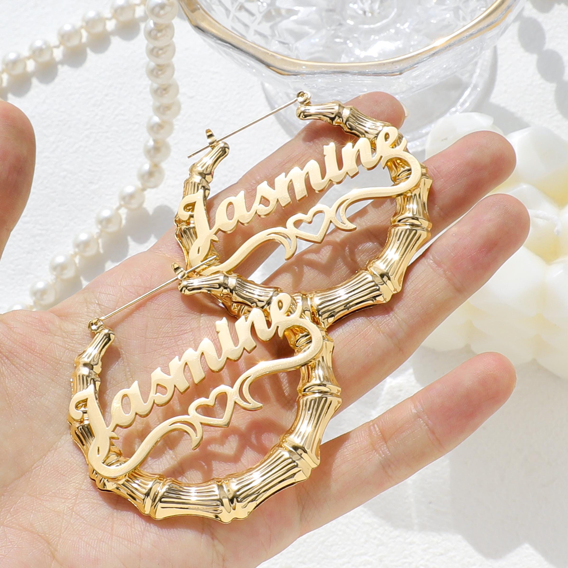 Name Bamboo Earrings Personalized Name Earring Custom Bamboo Hoops Name Earring Gold Nameplate Earrings Custom Jewelry Gift for Friend Etsy Australia