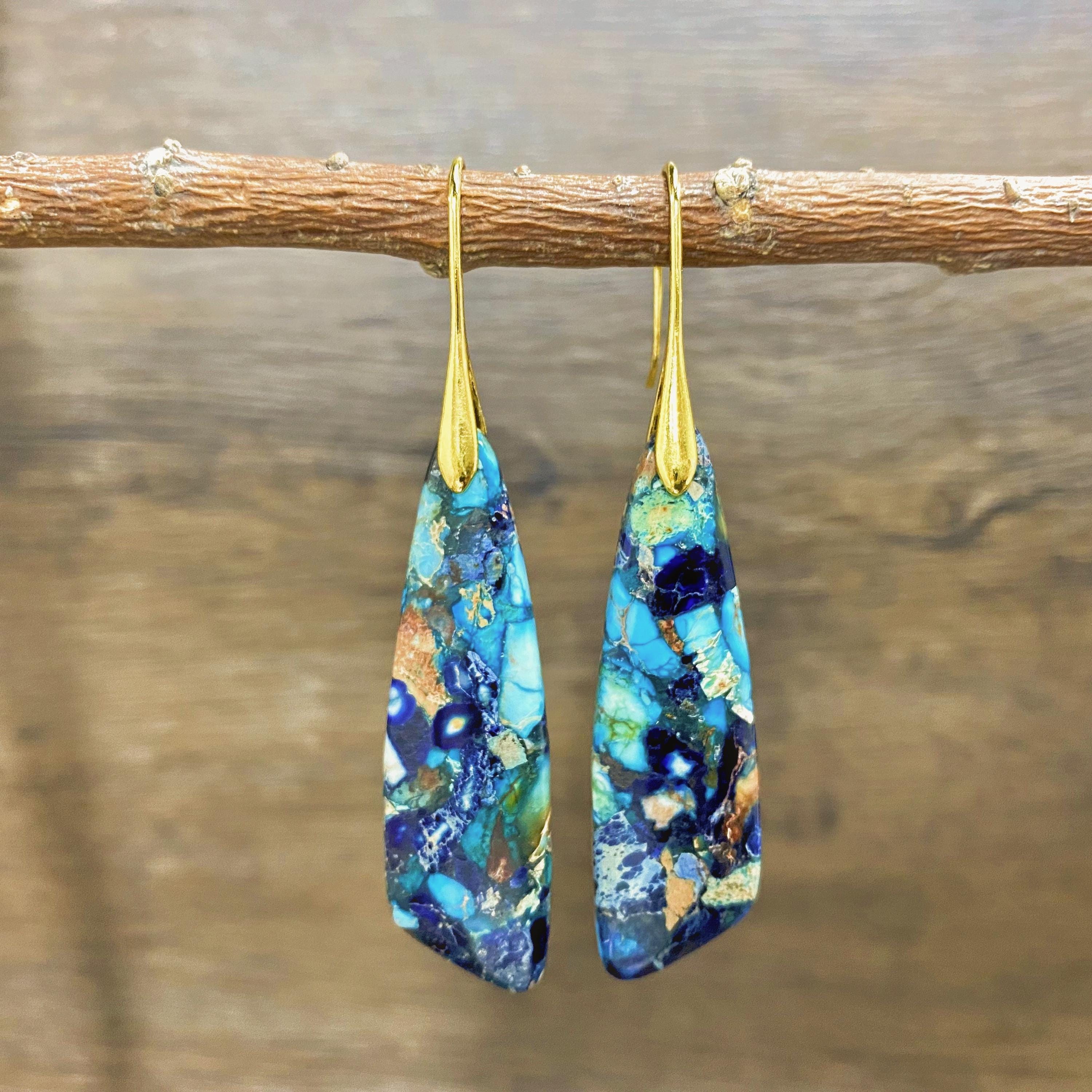 Sea Sediment Drop Earrings,Blue Gemstone Earrings,Stone Drop Earrings,Jasper Earrings,Simple Earrings for Women,Healing Jewelry,Gift For Her