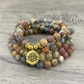 108 Mala Beads Jasper Bracelet: Red Creek Jasper Stone, Lotus Charm, Yoga Jewelry
