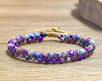 Natural Purple Gemstone Bracelet, Stone Bead Bracelet, Sediment Bracelet, Jasper Bracelet, Bohemian Bracelet,Reduce Anxiety Crystal Bracelet