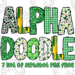 May include: A set of 7 alphabet letters in a green, gold, and white color scheme. The letters are decorated with various patterns, including shamrocks, gingham, and polka dots. The letters spell out "ALPHA DOODLE".