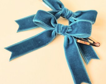 Velvet Ribbon Bows in Petrol Blue, Handmade Hair Bows, Blue Hair Clips, Hair Bow Gift, Hair Clips for Girls, Clip on Bows, Children's Bows
