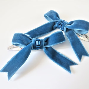 Velvet Ribbon Bow Clips in Petrol Blue, Handmade Bows, Blue Hair Bows, Hair Bow Gift, Ribbon Hair Clips, Clip on Bows, Childrens Bows
