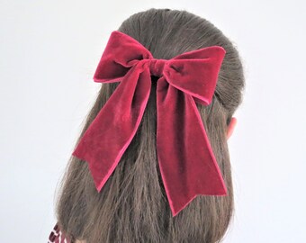 Velvet Ribbon Hair Bow in Berry, Bow for Child, Trendy Bow, Handmade Bow, Women's Hair Bow, Classic Hair Bow, Plain or Beaded, Burgundy