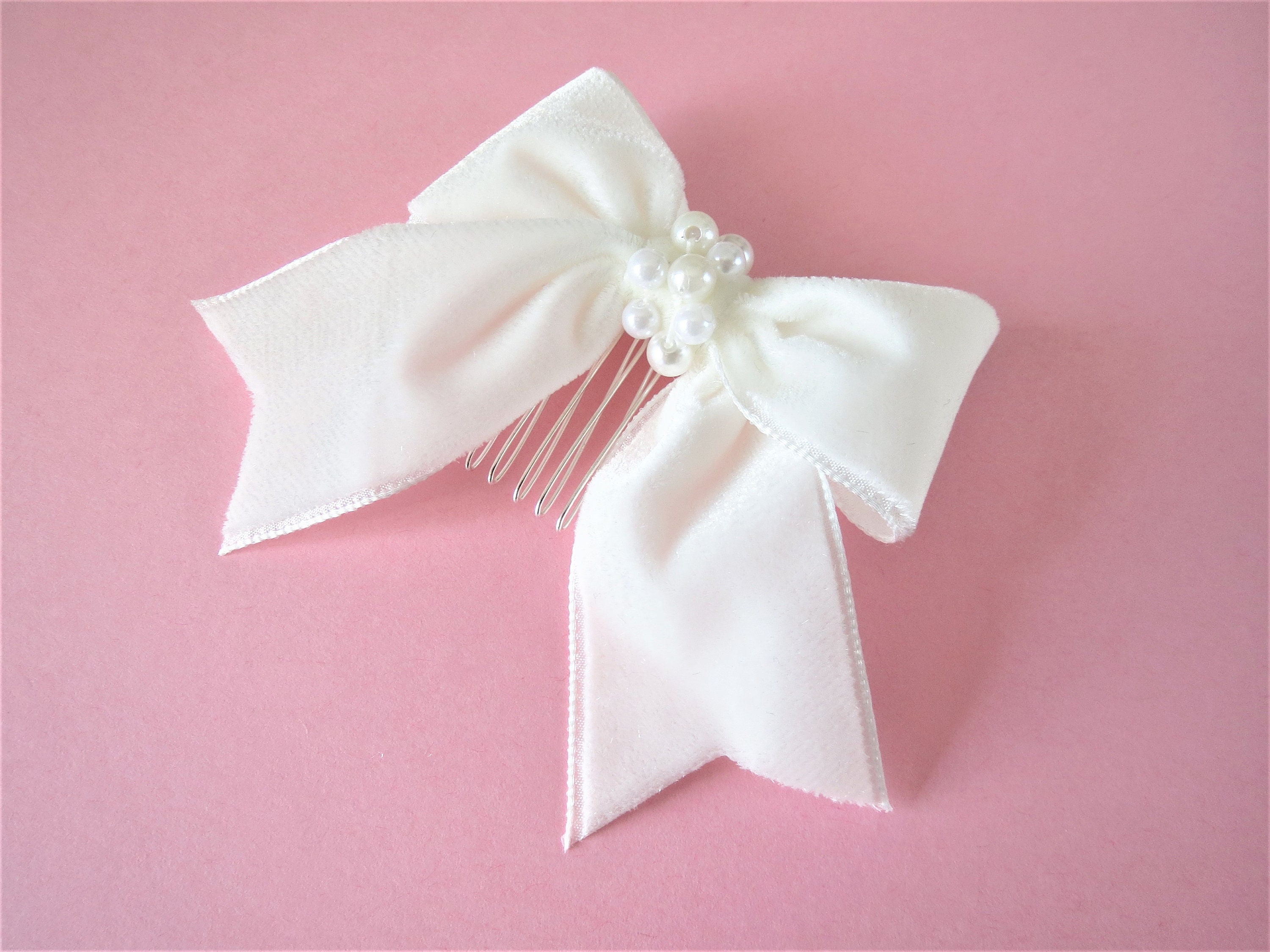 SMALL Pearl Ivory Velvet Bow Hair Clip, Bow Hair Accessory