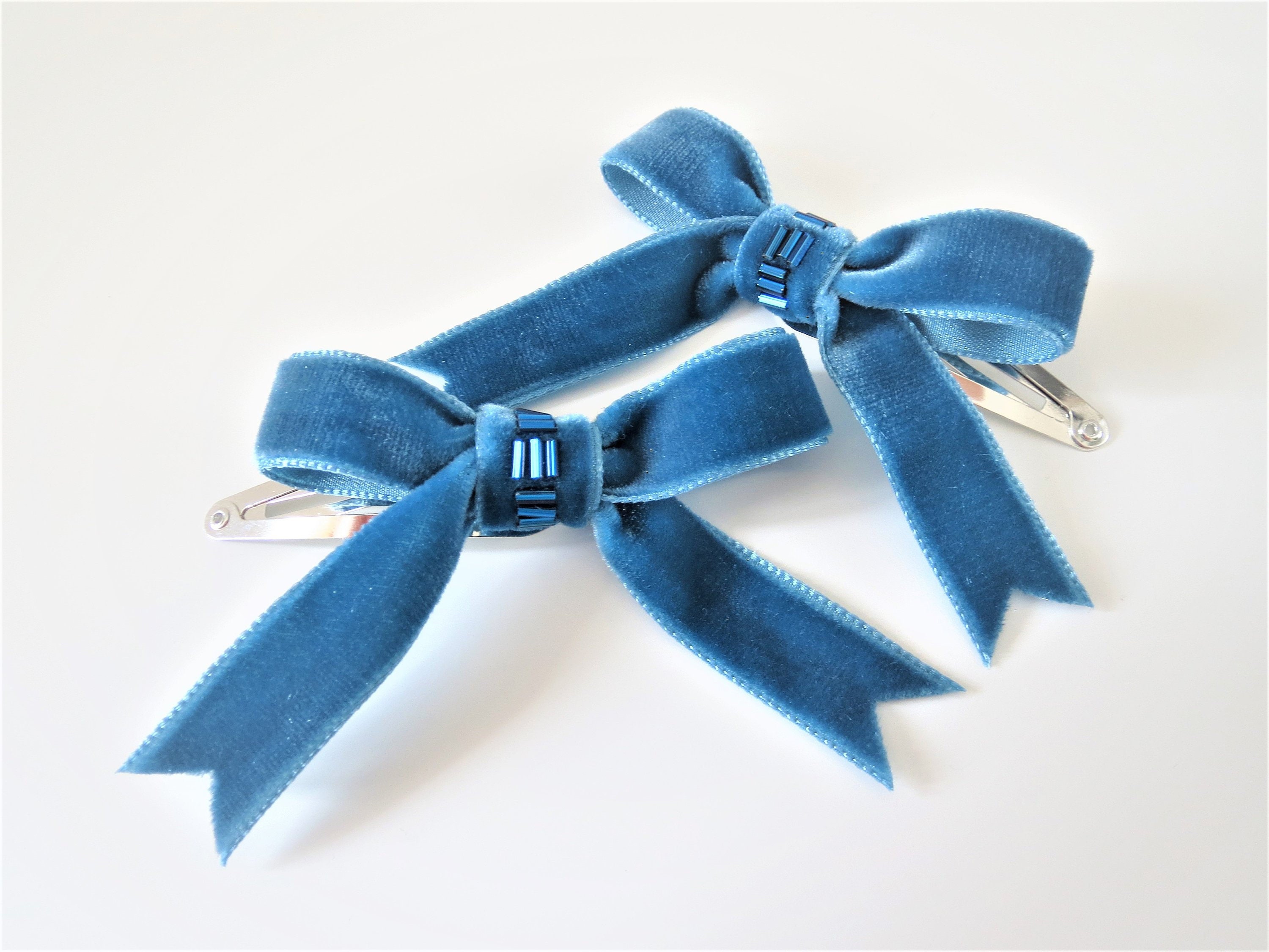 Navy Blue Velvet Ribbon Bow Hair Clip, Classic Navy Blue Velvet