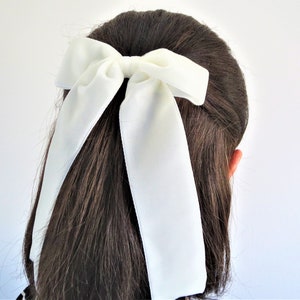 Ivory Velvet Long Bow, Hair Accessory, Long Tail Bow Clip, Barrette Bow, Bridal Hair Ribbon, Beaded Clip, Ribbon Bow, Handmade Hair Bow