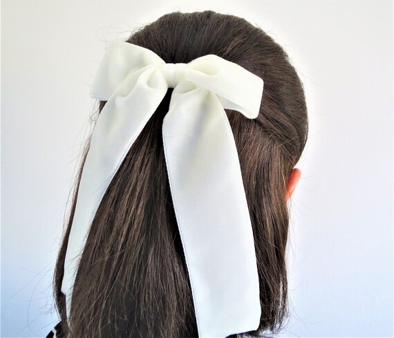 Ivory Velvet Long Bow, Flower Girl Bow, Long Tail Bow Clip, Barrette Bow, Bridal Hair Ribbon, Beaded Clip, Ribbon Bow, Handmade Bow