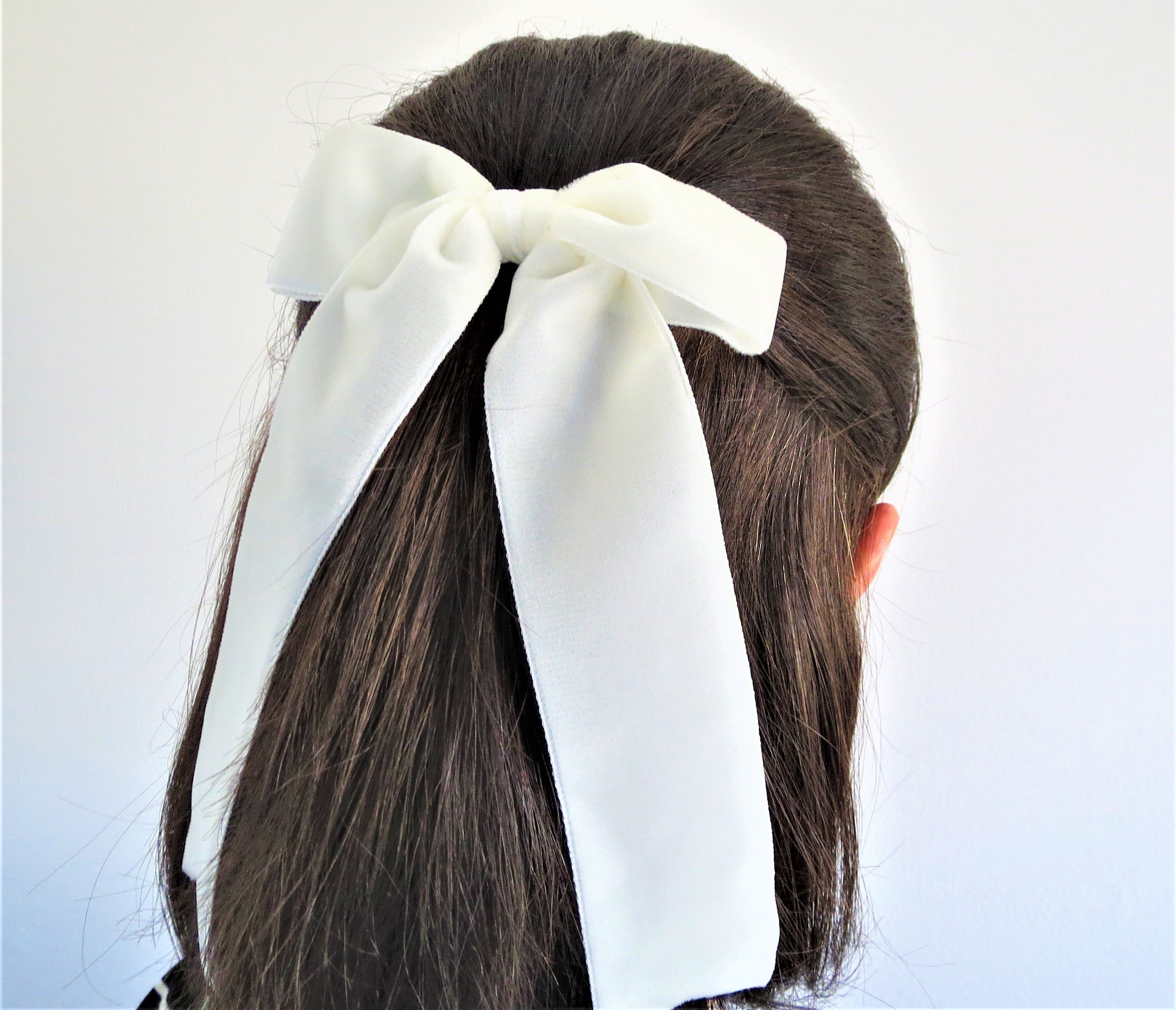 BeadedByLaura Ivory Velvet Long Bow, Hair Accessory, Long Tail Bow Clip, Barrette Bow, Bridal Hair Ribbon, Beaded Clip, Ribbon Bow, Handmade Hair Bow