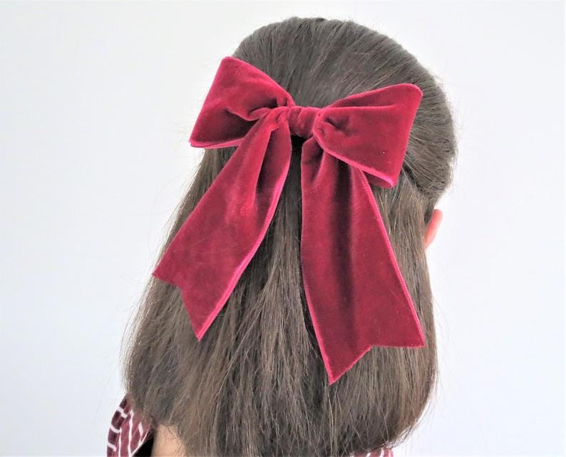 Velvet Ribbon Hair Bow in Berry, Bow for Child, Trendy Bow, Handmade Bow, Women's Hair Bow, Classic Hair Bow, Plain or Beaded, Burgundy