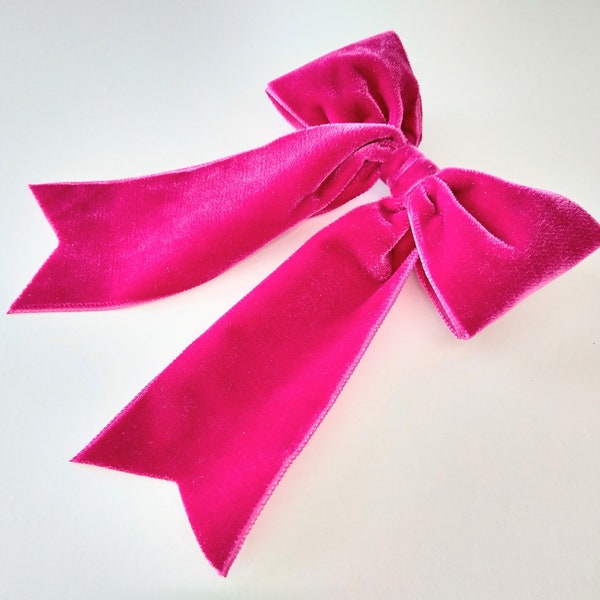 Fuchsia Pink Velvet Hair Bow, Plain or Beaded Bow, Handmade Bow, Childrens Bow, Velvet Ribbon Bow Clip, Classic Hair Bow, Bright Pink Bow